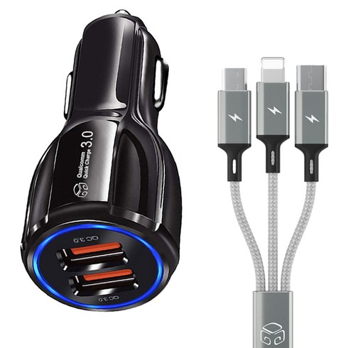디지지 35W 듀얼포트 시거잭 차량용 충전기 + 스카이메타 케이블 1.7m 세트, 블랙(시거잭), 메탈실버(케이블), D21-0809