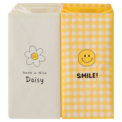 반전매력 쁘띠스마일 반전매력 재활용 분리수거함 2종 세트, 옐로우 체크