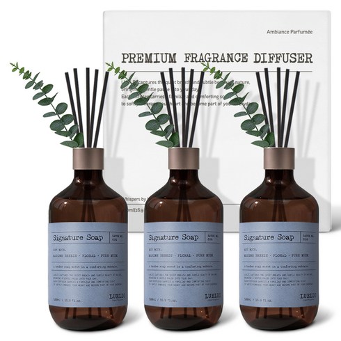 루엘디 프리미엄 대용량 퍼퓸 디퓨저 + 데코 스틱 세트, 시그니처 솝, 500ml, 3개