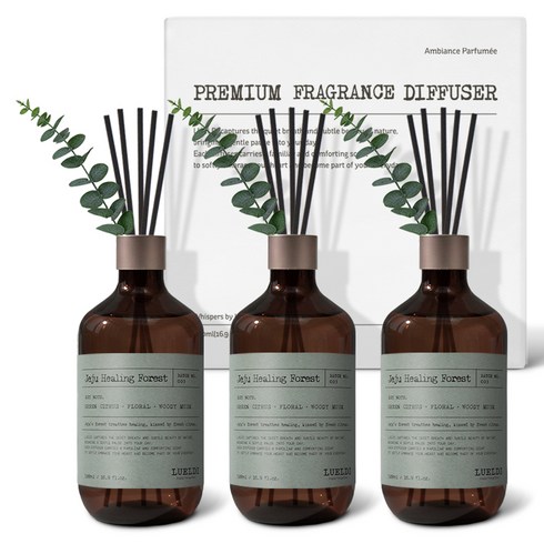 루엘디 프리미엄 대용량 퍼퓸 디퓨저 + 데코 스틱 세트, 제주 치유의 숲, 500ml, 3개