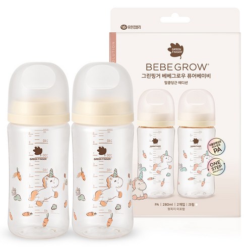 베베그로우 그린핑거 퓨어베이비 PA 노꼭지 디자인 젖병 트윈팩 말콩당근, 2개, 280ml, 크림