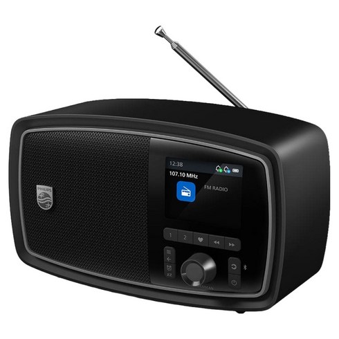 필립스 JANET 레트로 100주년 LCD 디스플레이 센추리 무선 SBC AAC 코덱 수면 타이머 블루투스 FM 라디오, 블랙, TAV2000