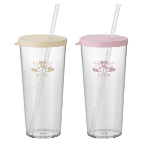 블루바 트라이탄 투명 심플 빨대 텀블러 670ml x 2종 세트, 아이보리 옐로우, 파스텔 핑크, 1세트