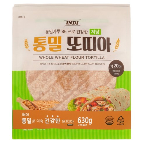 인디 저당 통밀 또띠아 20cm 7개입, 315g, 2개