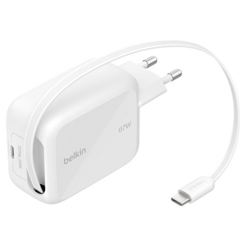 벨킨 부스트차지 프로 67W USB C 릴 케이블 일체형 PD3.2 AVS GaN PPS 초고속 충전기 WCH022krWH, 1개, 화이트