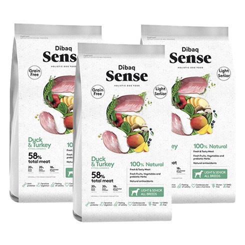 디바크 센스 라이트앤시니어 강아지 그레인프리 하이포알러제닉 건식사료, 오리, 3개, 2kg