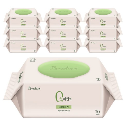 페넬로페 0퍼센트 그린 아기물티슈 캡형, 10개, 70매, 70g
