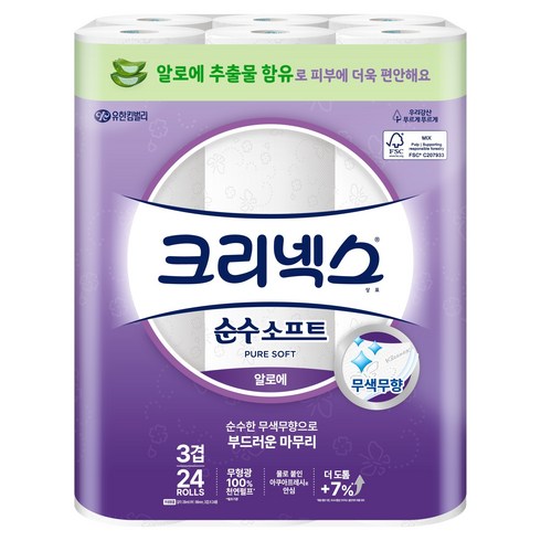 크리넥스 3겹 천연펄프 순수소프트 화장지 알로에, 28m, 24롤, 1개