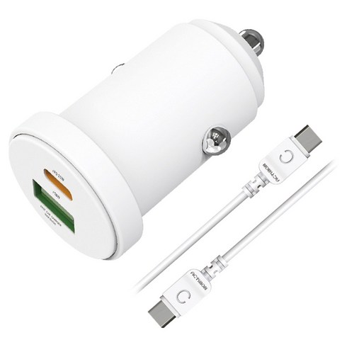 엑티몬 차량용 PD25W 2포트 초고속 C포트 USB포트 충전기 + CtoC 케이블 세트, 화이트, MON-CAR-PD25W-CU-CP