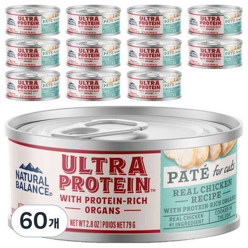 내추럴발란스 전연령 울트라 프로틴 리얼 치킨 파테 캣 레시피 캔, 닭, 79g, 60개