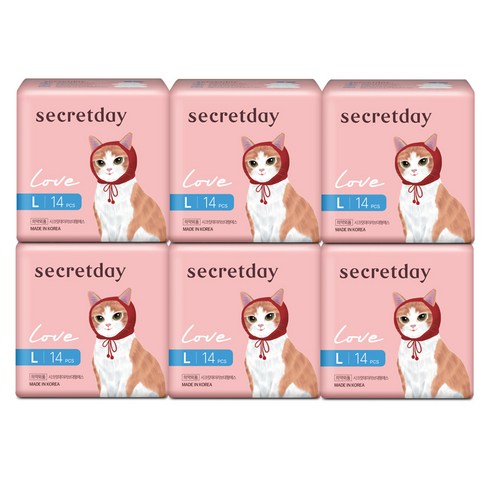 시크릿데이 러브 생리대 날개형, 대형, 14개입, 6개