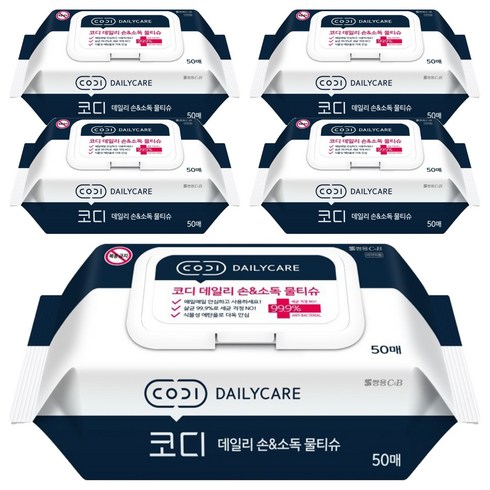 코디 데일리 손 앤 소독 물티슈 캡형, 60g, 50매, 5개