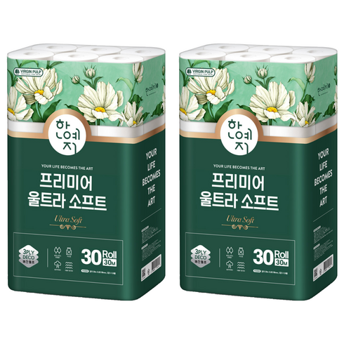 한예지 3겹 프리미어 울트라 소프트 천연펄프 화장지, 30m, 30롤, 2개