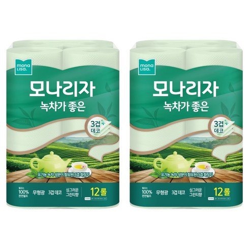 모나리자 녹차가 좋은 천연펄프 3겹 고급롤화장지, 30m, 12롤, 2개