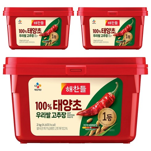 해찬들 100% 태양초 우리쌀 고추장, 2kg, 3개