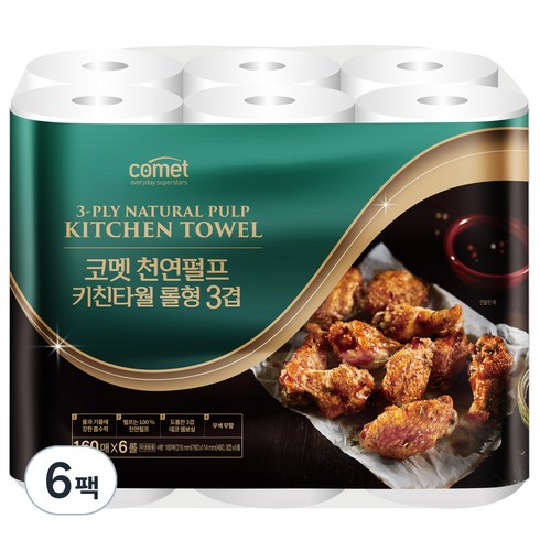 코멧 깨끗한 천연펄프 키친타올 롤형 3겹160매, 6롤, 6개