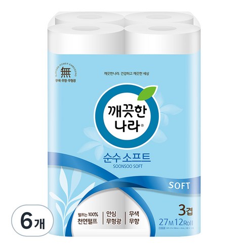 깨끗한나라 순수 소프트 3겹 화장지, 27m, 12롤, 6개