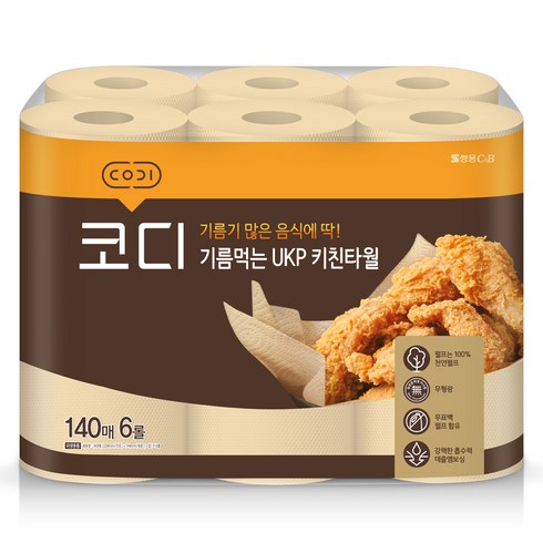 코디 기름먹는 UKP 천연펄프 키친타올, 140매, 6개