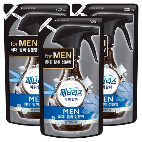 페브리즈 섬유 탈취제 맨 쿨 아쿠아향 리필, 320ml, 3개