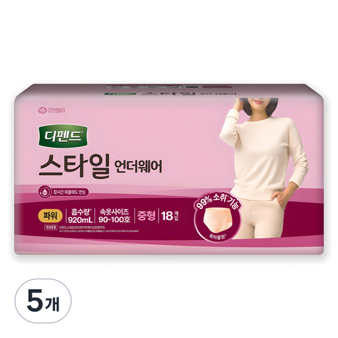 디펜드 여성용 스타일 언더웨어 성인기저귀 파워, 중형, 18개입, 5개