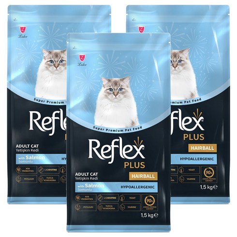 Reflex 어덜트 고양이 플러스 안티헤어볼 건식사료, 연어, 1.5kg, 3개