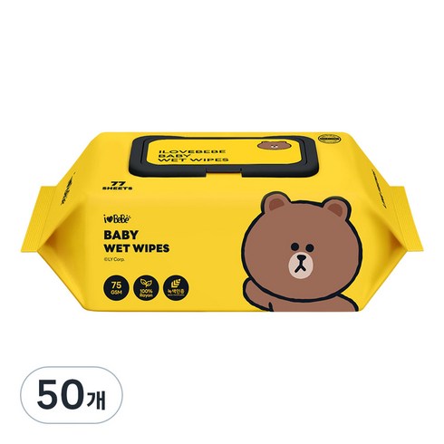 아이러브베베 라인프렌즈 브라운 영유아물티슈 캡형, 75g, 77개입, 50개