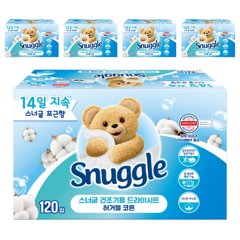 스너글 건조기용 드라이시트 허거블코튼 본품, 120개입, 5개