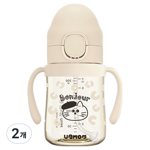 유비맘 유아용 PPSU 원터치 봉주르몽자 빨대컵, 200ml, 2개, 베이지