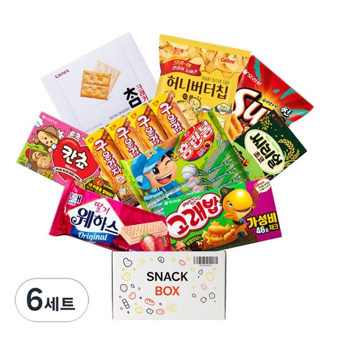 사무실 과자세트 스낵 15입 세트 (참크래커 + 허니버터칩 + 칸쵸 + 구운감자 4p + 딸기웨하스 + 초코홈런볼 4번들 + 돌아온 썬 핫스파이 + 씨리얼초코 + 고래밥 볶음양념맛), 6세트, 10p