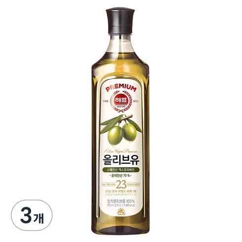 해표 압착 올리브유, 900ml, 3개