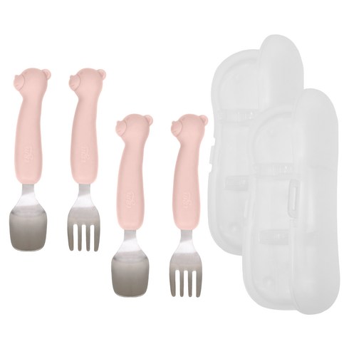 티지엠 테디 소프트그립 스푼 + 포크 + 케이스, 코랄핑크, 2세트