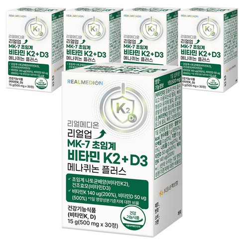 리얼메디온 리얼업 MK-7 초임계 비타민 K2 + D3 메나퀴논 플러스 비타민D 비타민K 영양제, 5개, 30정