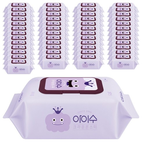 아이수 저자극 크라운 몬스터 캡형 물티슈, 75g, 70매, 50개