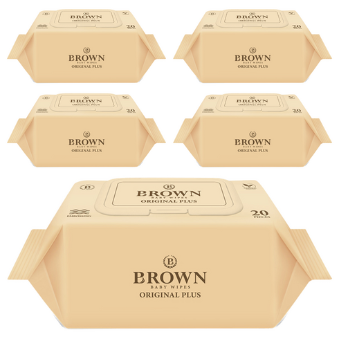 브라운 오리지널 플러스 도톰한 물티슈 엠보싱 저자극 휴대캡형, 55g, 20매, 5개