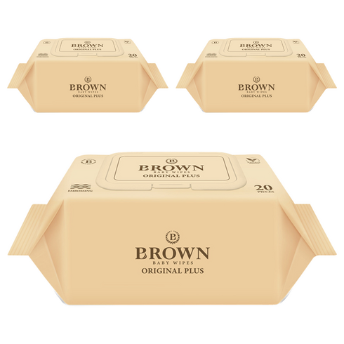 브라운 오리지널 플러스 도톰한 물티슈 엠보싱 저자극 휴대캡형, 55g, 20매, 3개