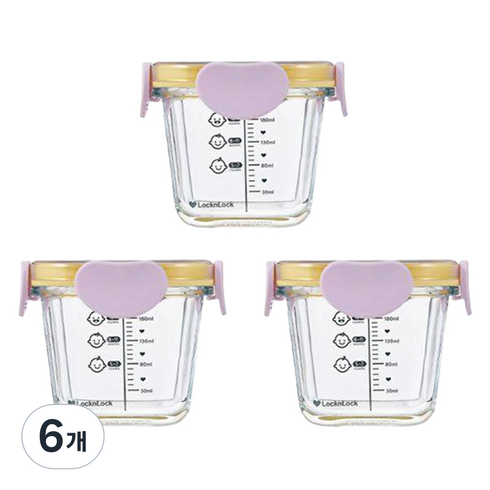 락앤락 리틀럽 디어 밀폐캡 정사각 이유식 용기, 260ml, 라벤더, 6개