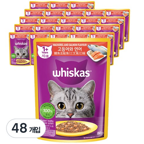 위스카스 어덜트 고양이 습식사료, 고등어+연어, 80g, 48개