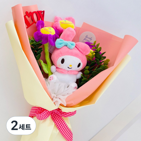 러블리팜 산리오 인형 + 스마일 꽃인형 3p + 케이크 토퍼 + 조화 꽃다발 세트, 마이멜로디 + 랜덤 발송, 2세트