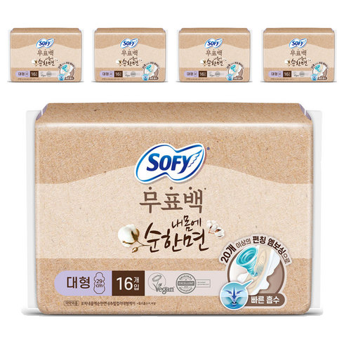 쏘피 내몸에 순한면 내추럴컬러에이 생리대 날개형, 대형, 16개입, 5개