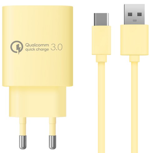 홈플래닛 퀄컴 공식인증 QC3.0 18W 고속충전기 + C타입 충전케이블 1.2m 세트, 옐로우, 1세트