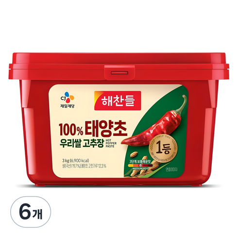 해찬들 100% 태양초 우리쌀 고추장, 3kg, 6개