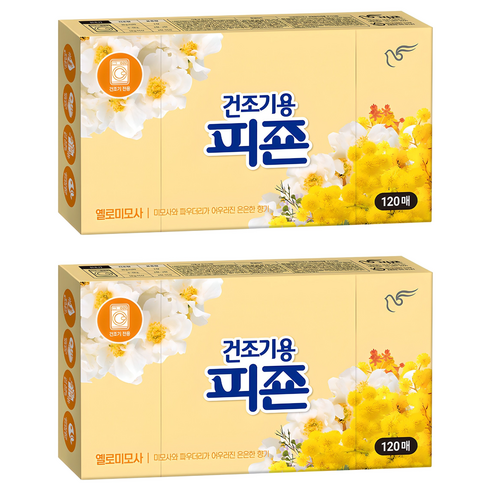 피죤 건조기용 오리지널 드라이시트 섬유유연제 옐로미모사 본품, 120매입, 2개