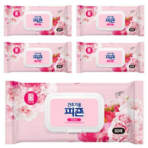 피죤 건조기용 오리지널 드라이시트 섬유유연제 핑크로즈 본품, 80매, 5개