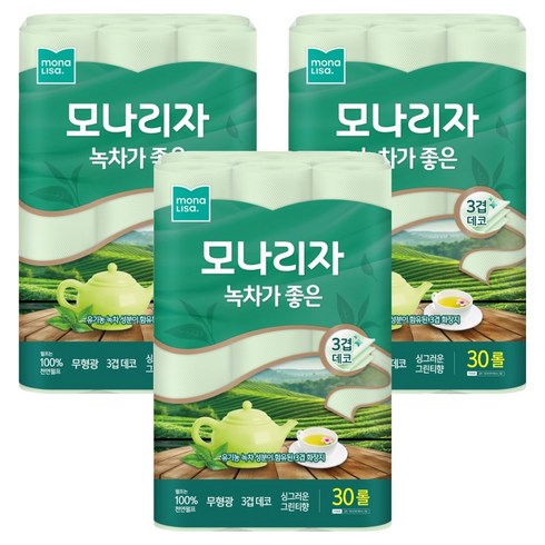 모나리자 녹차가 좋은 천연펄프 3겹 고급롤화장지, 30m, 30롤, 3개