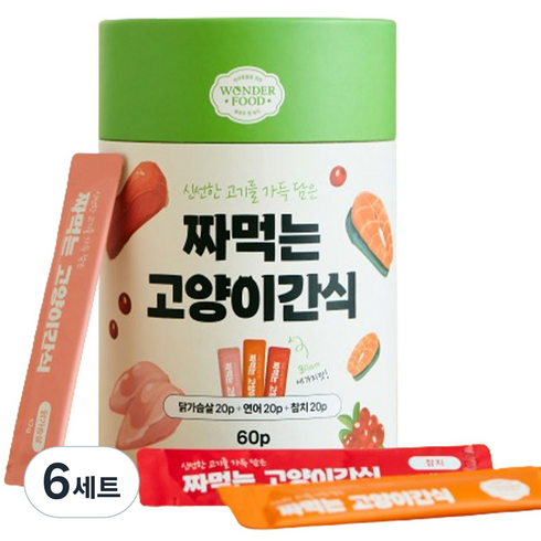 원더푸드 짜먹는 고양이 간식 60p, 혼합맛(닭가슴살/연어/참치), 720g, 6세트