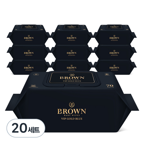 브라운 VIP 골드 블루 도톰한 엠보싱 저자극 아기 물티슈 캡형, 80g, 70매, 20개