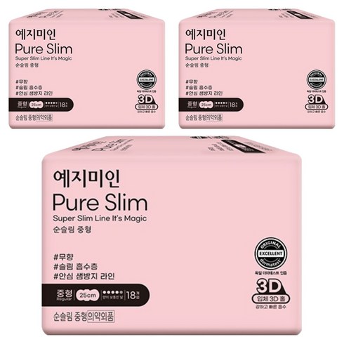 예지미인 뉴 순슬림 생리대 날개형, 중형, 18개입, 3개