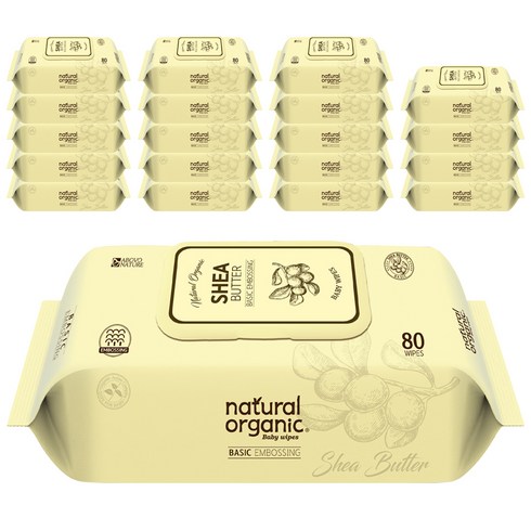 네츄럴오가닉 엠보싱 아기 물티슈 캡형 시어버터, 60g, 80매, 20개