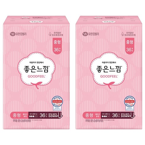 좋은느낌 에어핏 쿠션 울트라 슬림 생리대 날개형, 중형, 36개입, 2개
