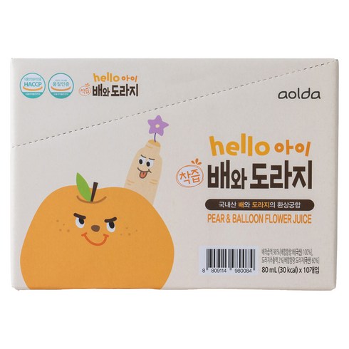 아올다 헬로아이 착즙 배와도라지, 혼합맛(배/도라지), 80ml, 10개